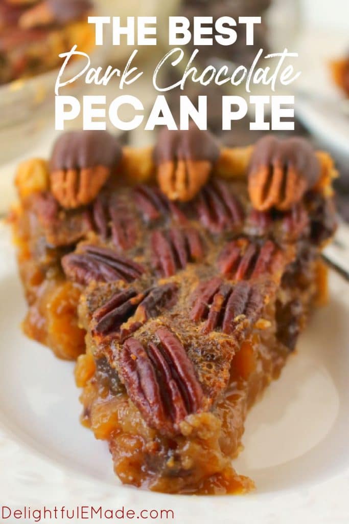 Slice of dark chocolate pecan pie on plate.