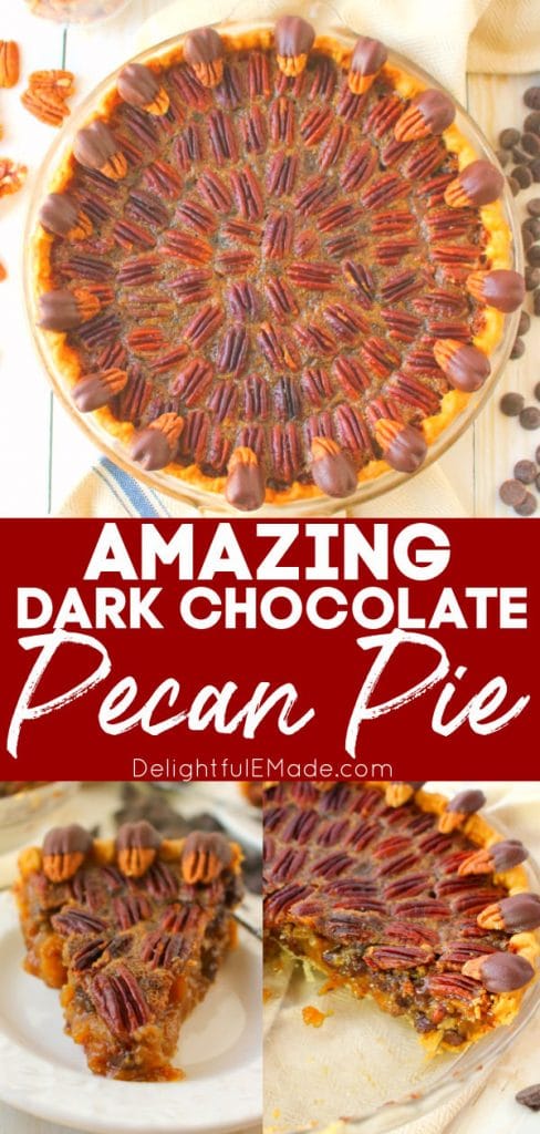 Dark chocolate pecan pie in pie plate and slice on plate.