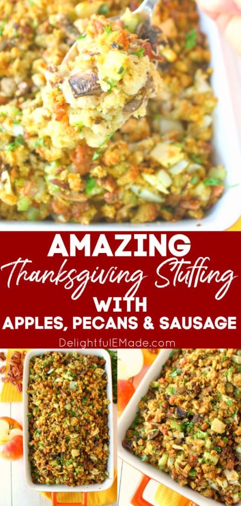 Best Thanksgiving stuffing recipe with sausage in baking dish.