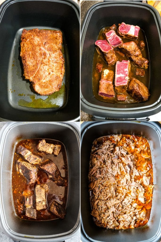 Four photo collage of chuck roast in slow cooker for mexican shredded beef barbacoa recipe.