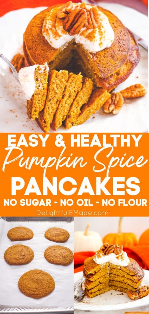 Healthy pumpkin pancakes on plate, with bite taken out.