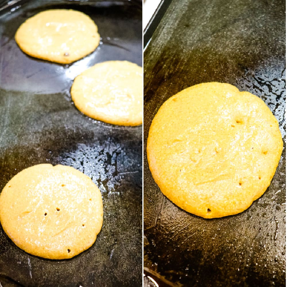 Pumpkin pancakes made on a griddle.