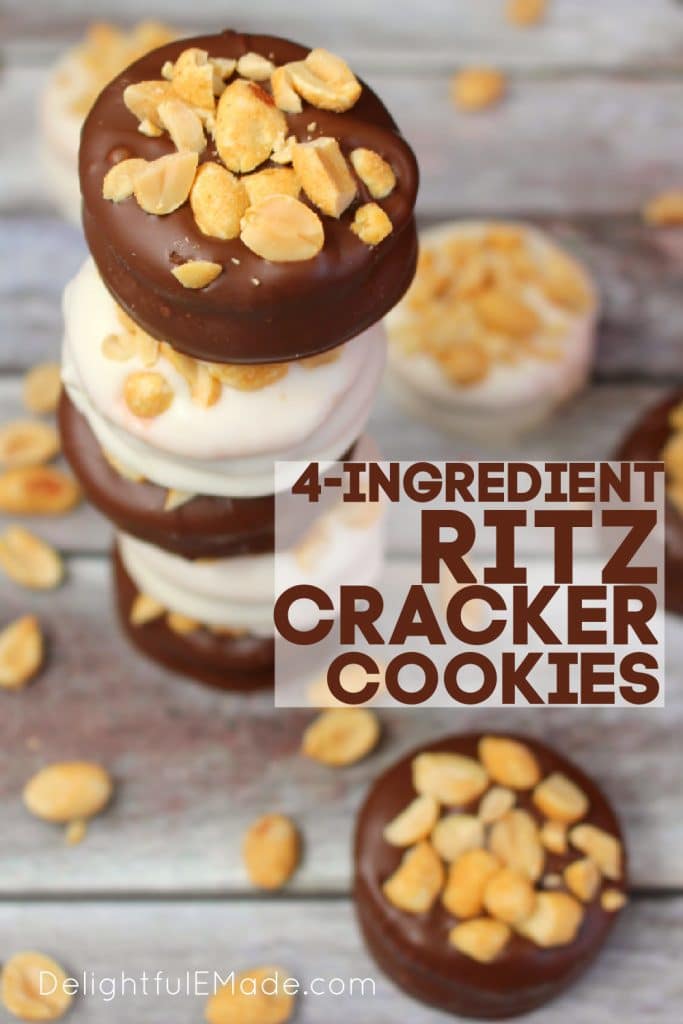 Chocolate covered ritz cracker cookies, stacked and topped with peanuts
