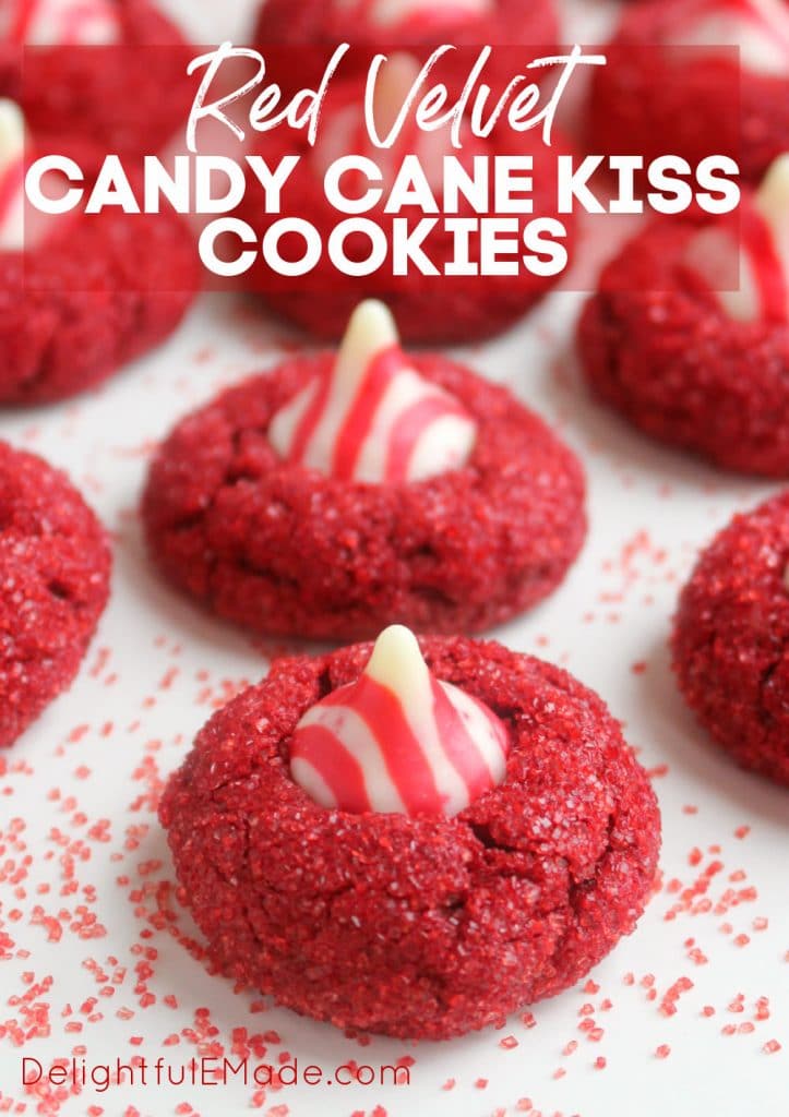 Red velvet cake mix cookies, topped with a candy cane kiss cookies.