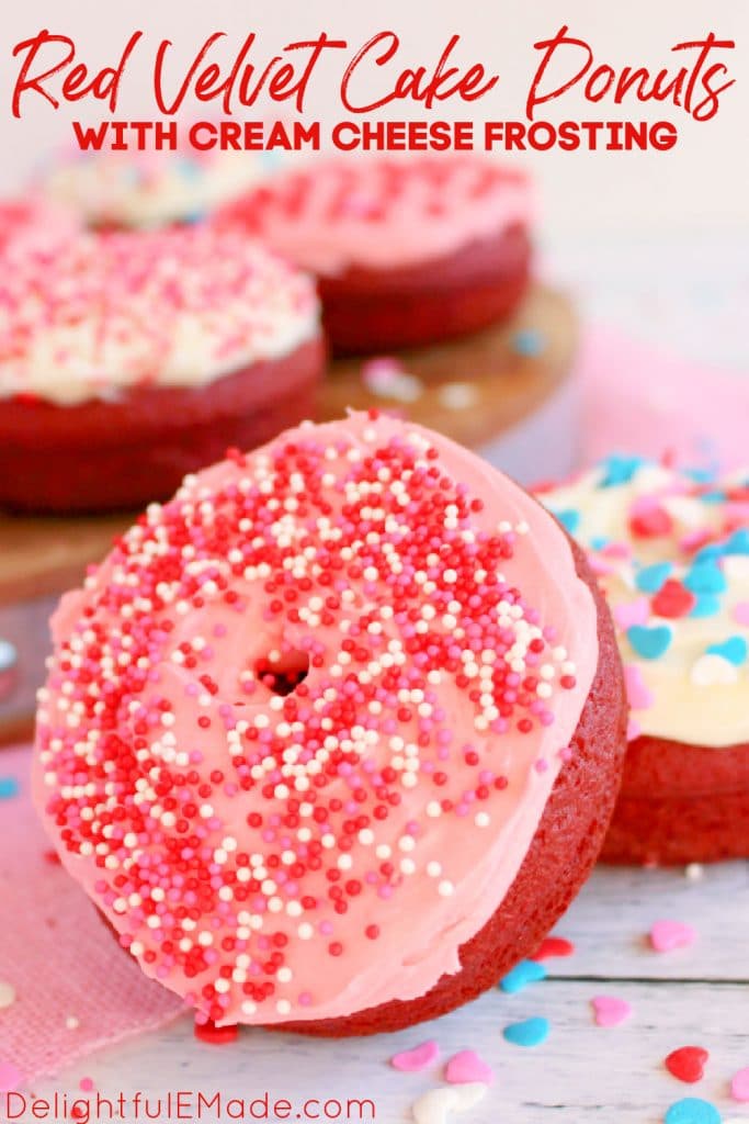 Red Velvet donuts recipe topped with cream cheese frosting and sprinkles.
