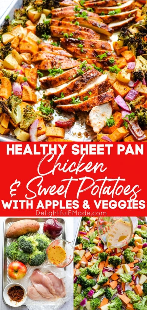 Sheet pan chicken and sweet potatoes, chicken sweet potato broccoli dinner on a pan.