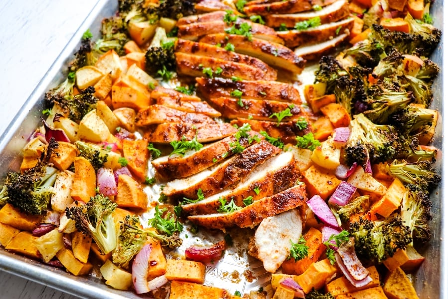Sheet Pan Chicken and Sweet Potatoes with Apples and Broccoli {and an amazing Apple Cider Glaze!}