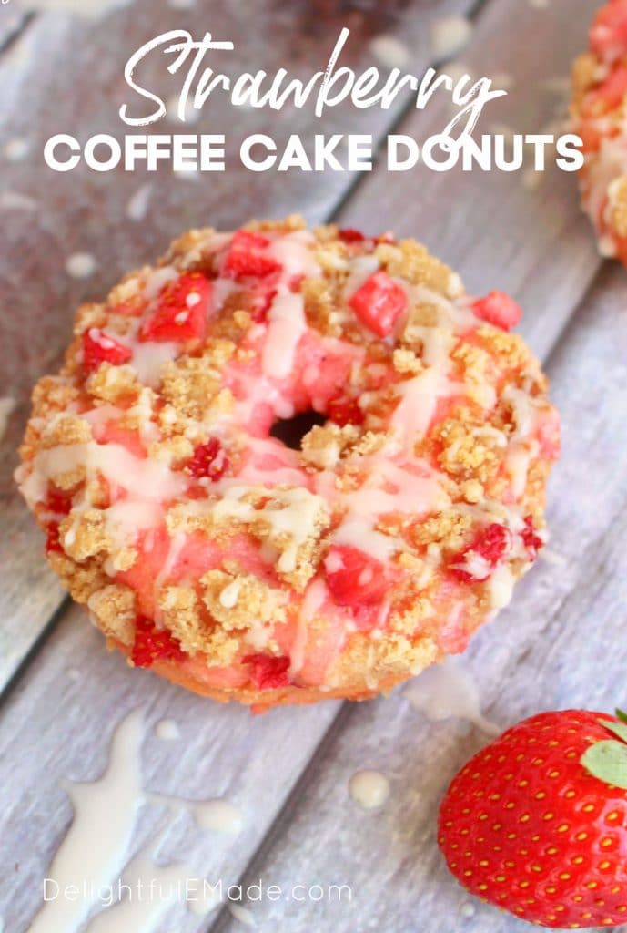 Strawberry coffee cake donuts, baked strawberry donuts with glaze.