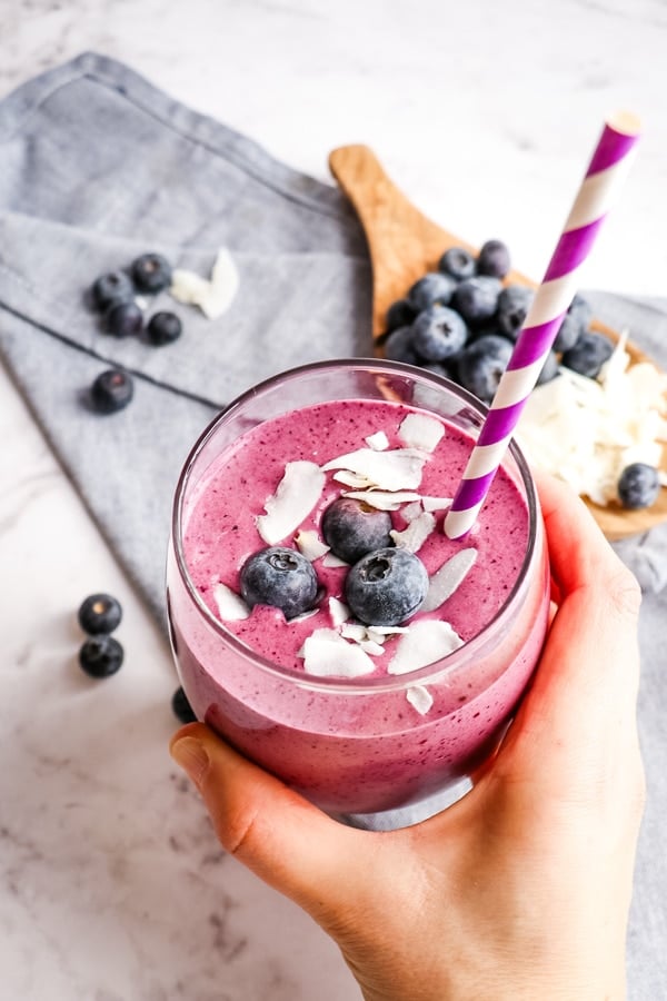 Healthy blueberry smoothie with coconut and blueberries.