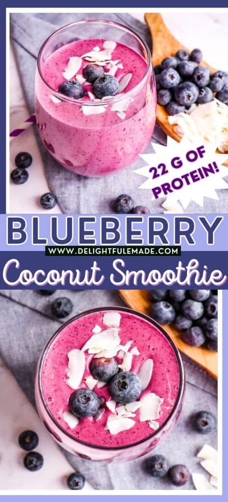 Two photos of blueberry coconut smoothies topped with fresh blueberries and coconut flakes.