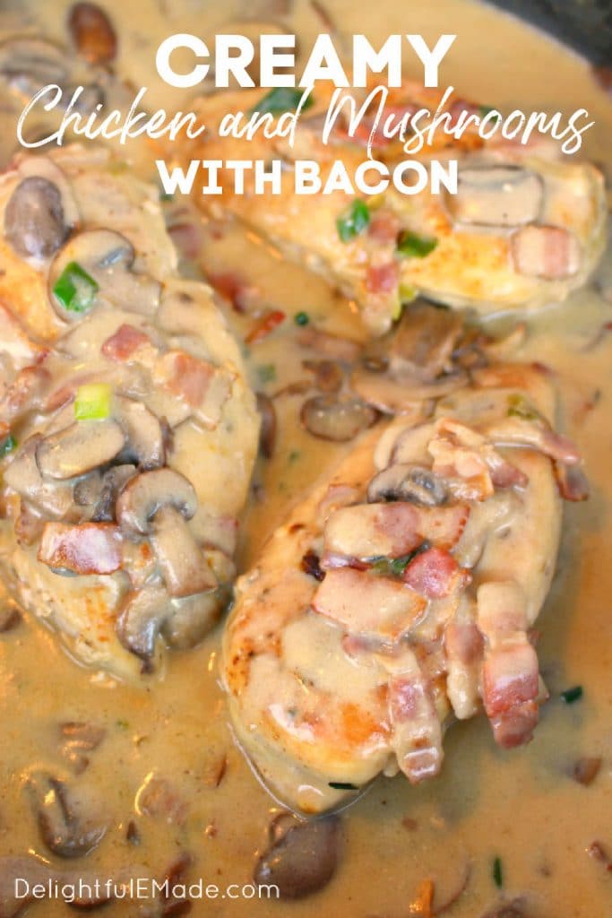 Chicken breasts, creamy chicken and mushrooms with bacon in skillet, one pan chicken recipe.
