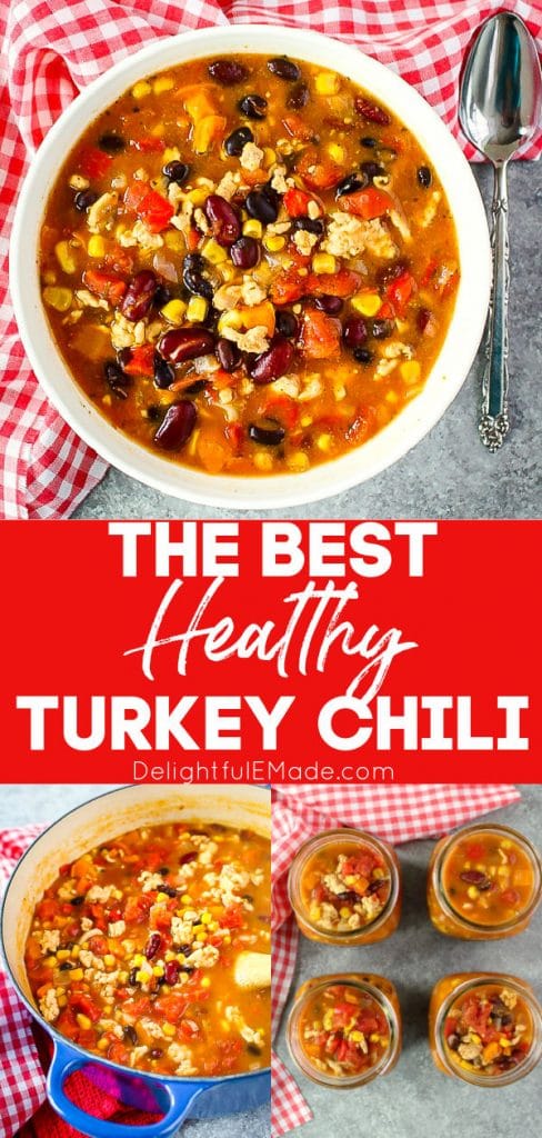 Healthy turkey chili in bowl, turkey chili recipe in pot.