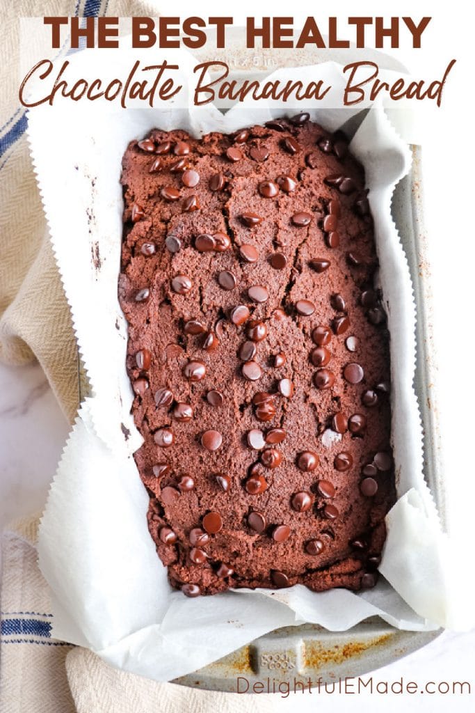 Loaf of healthy chocolate banana bread in pan