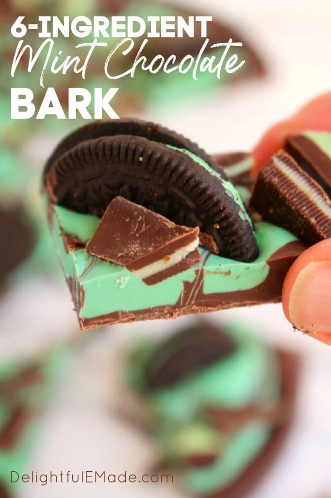Piece of mint chocolate bark recipe topped with oreos and Andes mints.