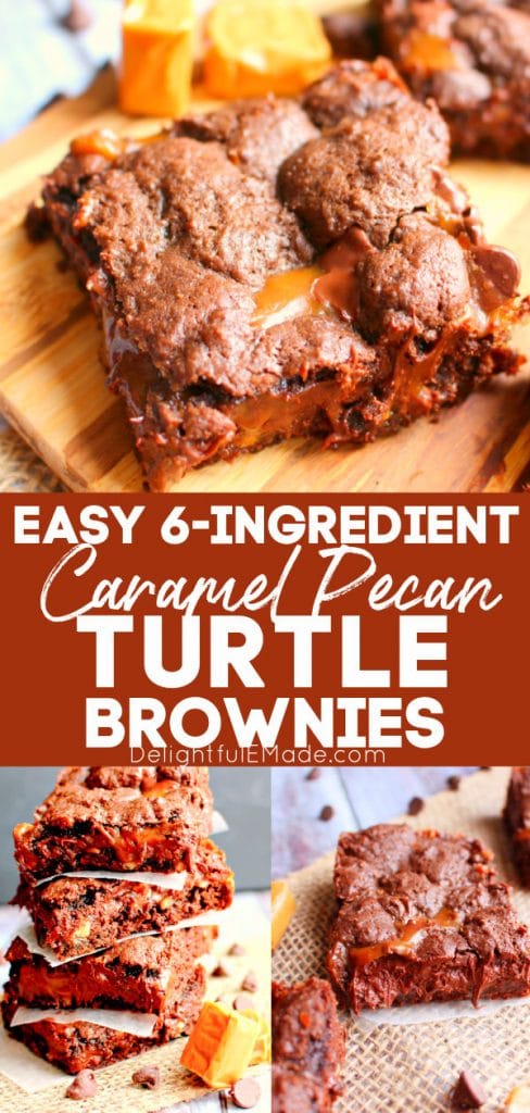 Cake mix turtle brownies on cutting board, caramel pecan brownies in stack.