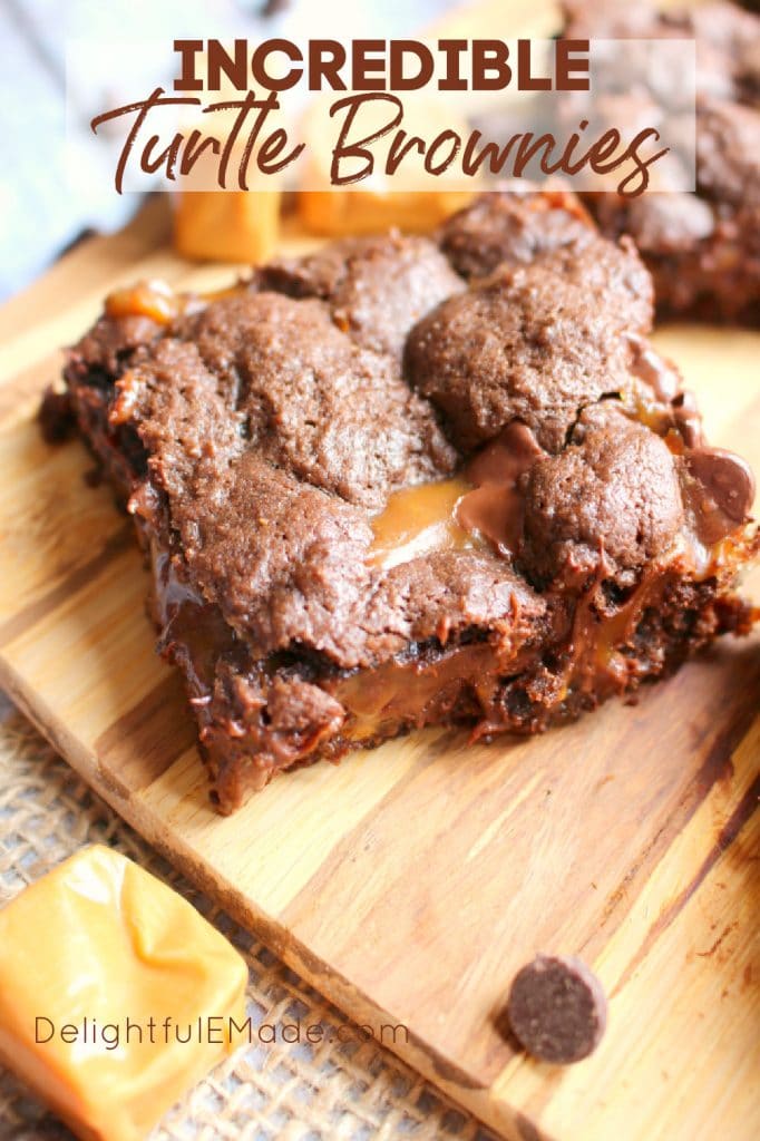 Tutle brownies on cutting board, caramel pecan brownies.