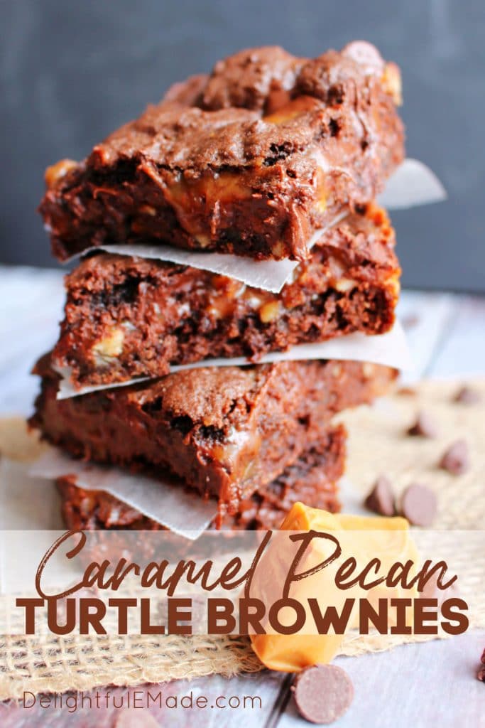 Cake mix turtle brownies in stack, caramel pecan brownies.