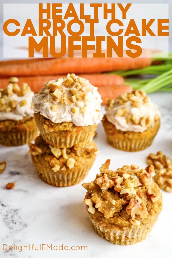 Healthy carrot cake muffins with cream cheese frosting and walnuts.