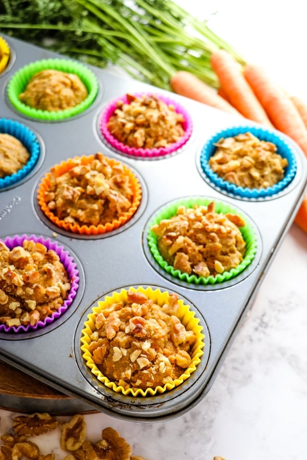 Baked carrot cake muffins recipe in muffin tin.