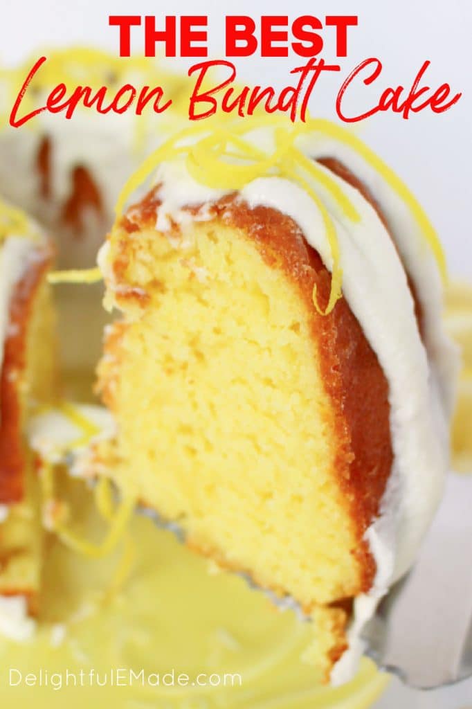 Lemon bundt cake recipe from scratch, with lemon frosting and lemon zest.