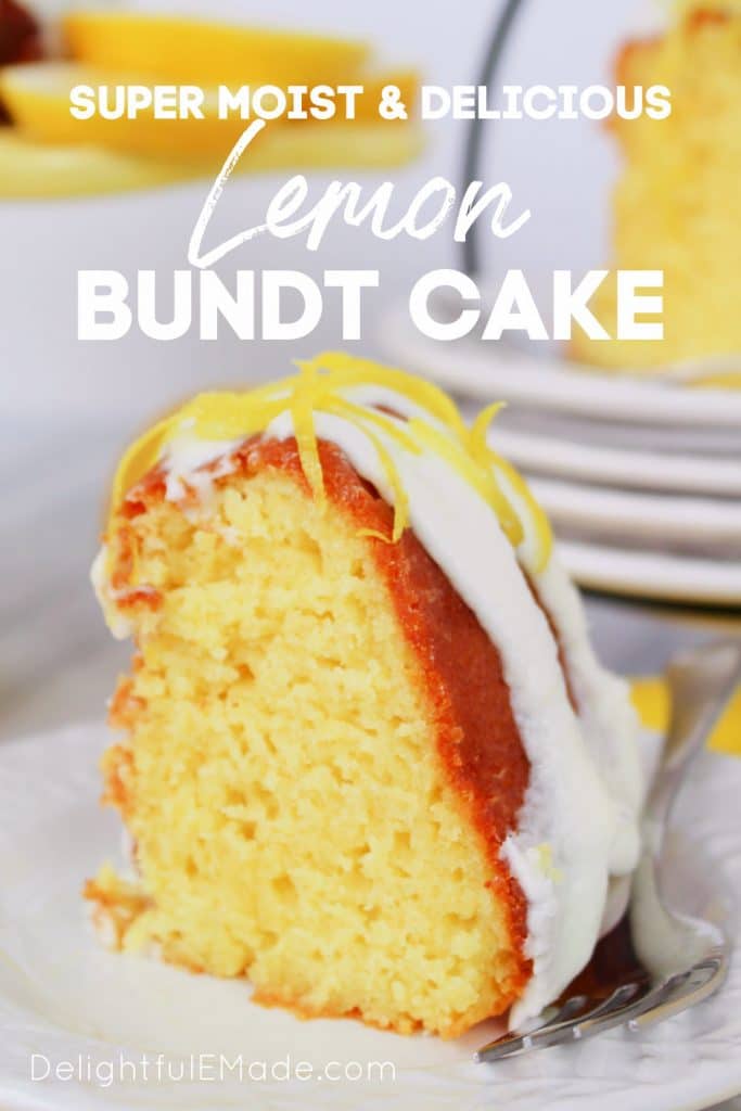 Lemon bundt cake recipe from scratch, sliced on a plate.