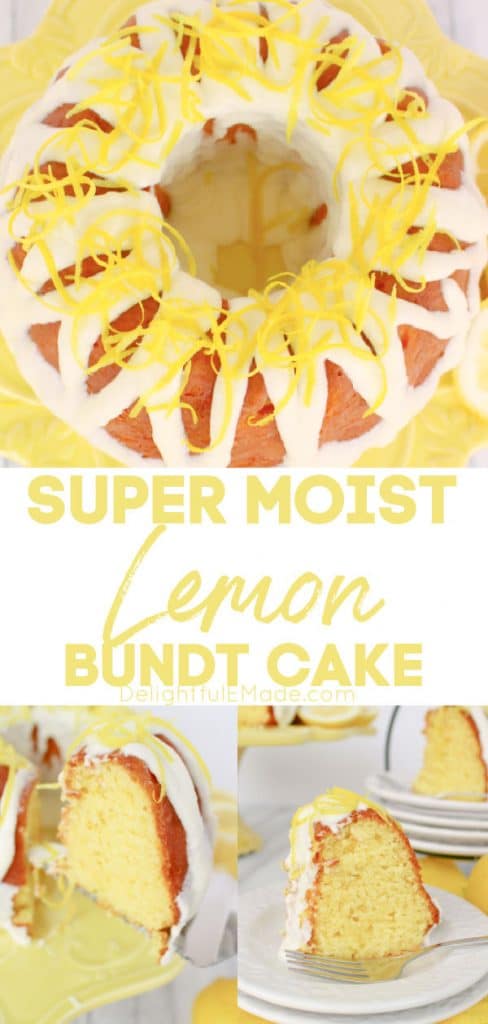 Lemon bundt cake recipe from scratch, on cake plate and slices on white plates.