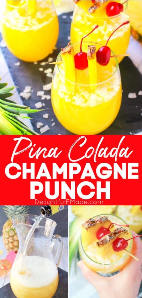 Pina colada champagne punch with pineapple and cherry garnish. Champagne punch recipe.