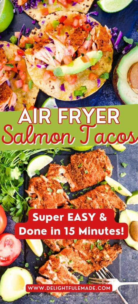 Salmon tacos topped with cilantro and avocado wedges, and salmon filets with taco seasoning.