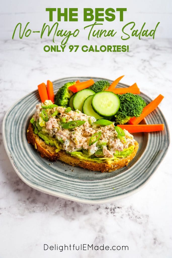 No mayo tuna salad, made with greek yogurt tuna salad, on avocado toast.