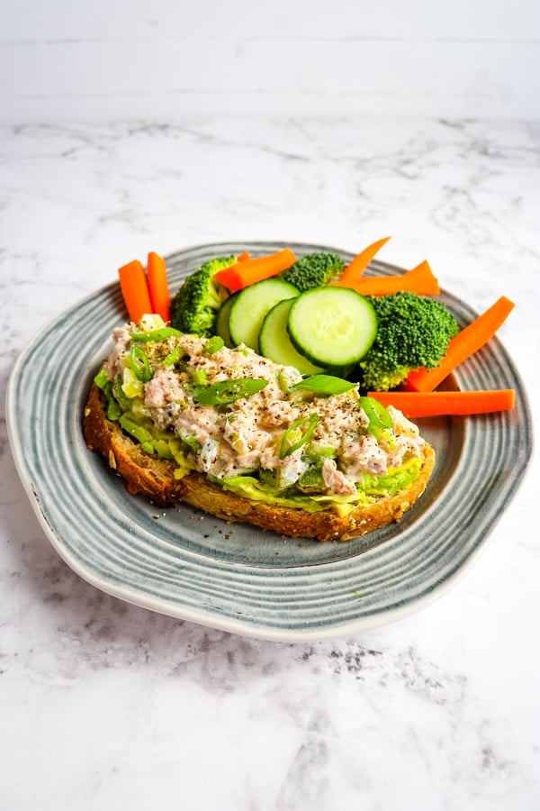 No mayo tuna salad, Greek yogurt tuna salad on toast with veggies.