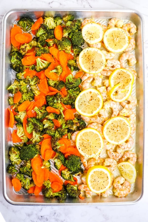 Lemon Pepper Shrimp with Vegetables on sheet pan.