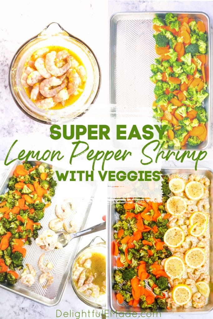 Lemon pepper shrimp with vegetables on sheet pan.