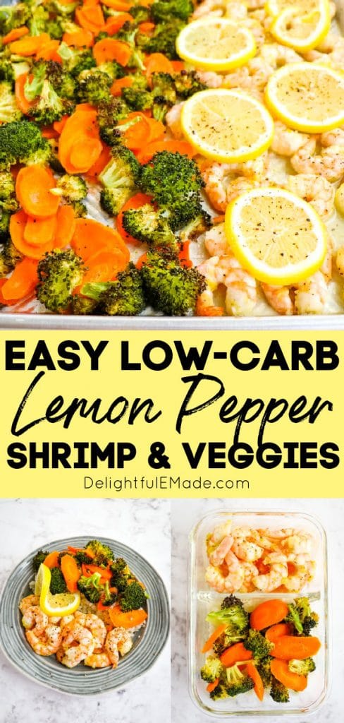 Lemon pepper shrimp with vegetables on sheet pan, on plate and in meal prep container.