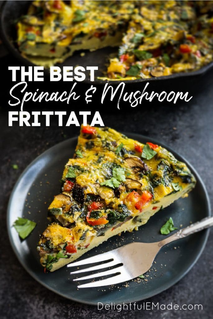 Spinach mushroom frittata on plate with fork