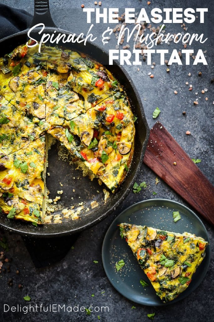 Spinach mushroom frittata in skillet and slice on a plate.