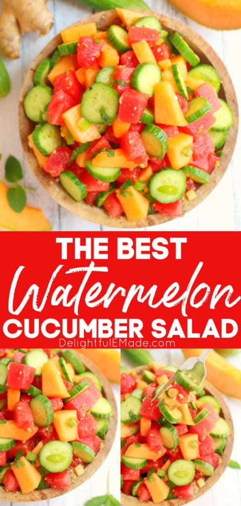 Watermelon cucumber salad in bowl, with fork on the side.