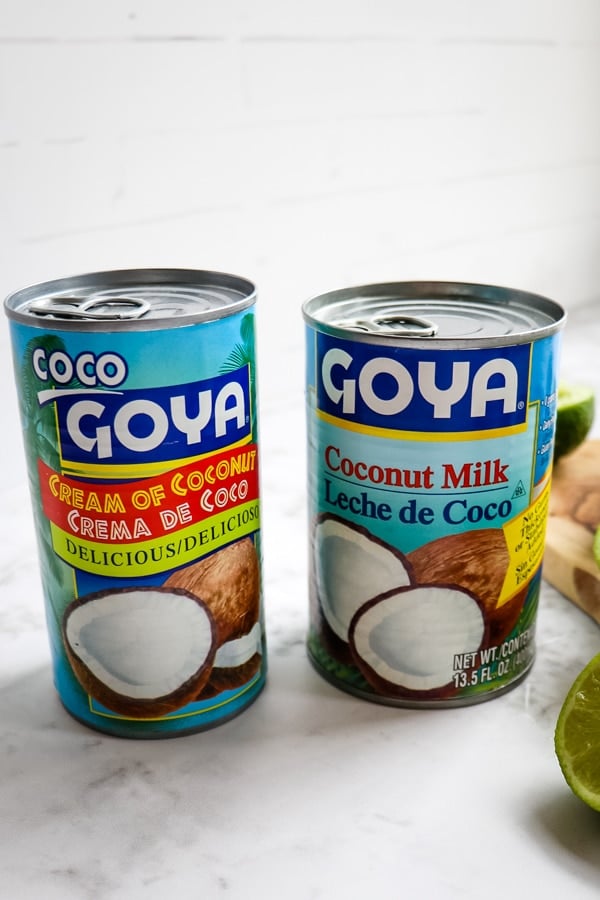 Cans of coconut milk and cream of coconut.