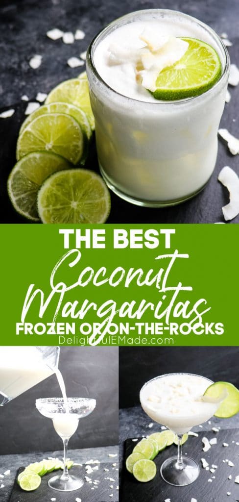 Coconut margarita recipe on the rocks and blended with lime slices and coconut flakes.