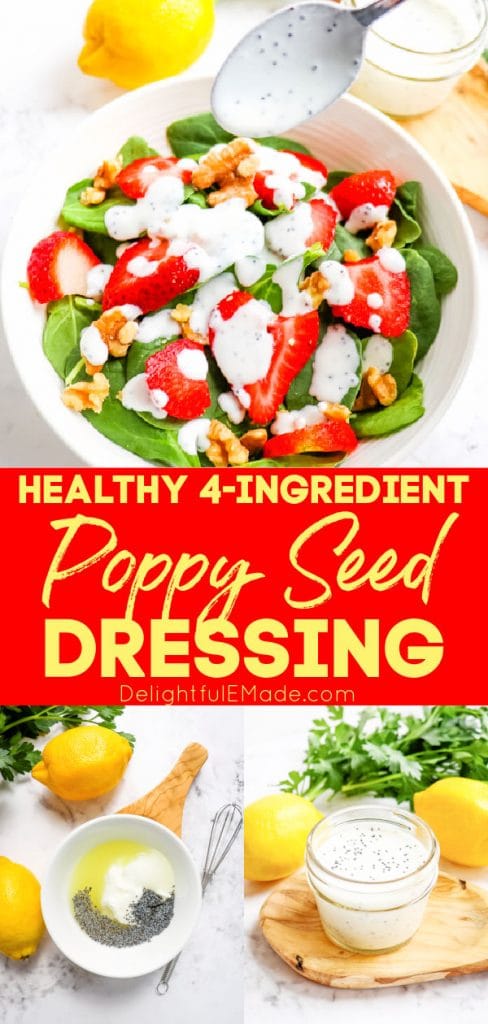 Creamy poppy seed dressing recipe, spooned over salad and in bowl and jar.