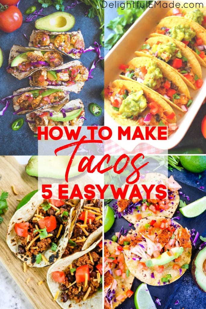 Easy taco recipes, shrimp tacos, chicken tacos, ground beef tacos, salmon tacos on boards and dish.