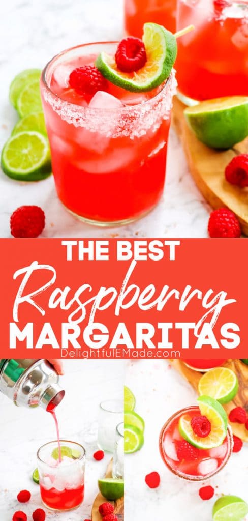 Raspberry margarita recipe, on the rocks topped with fresh limes and raspberries.