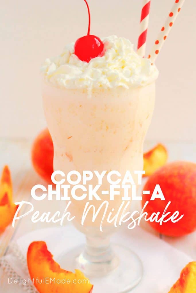 Peach milkshake recipe, in a tall glass topped with whipped cream and a cherry.