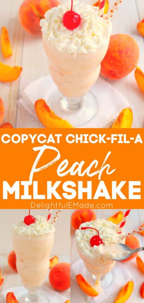 Peach milkshake recipe served in a tall glass, garnished with whipped cream, peach slices and topped with a maraschino cherry.