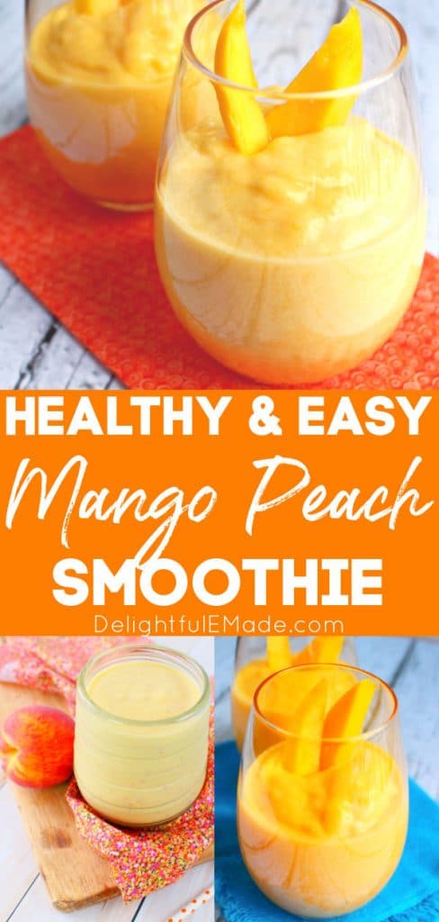 Mango peach smoothie in glass, topped with slices of fresh mango.