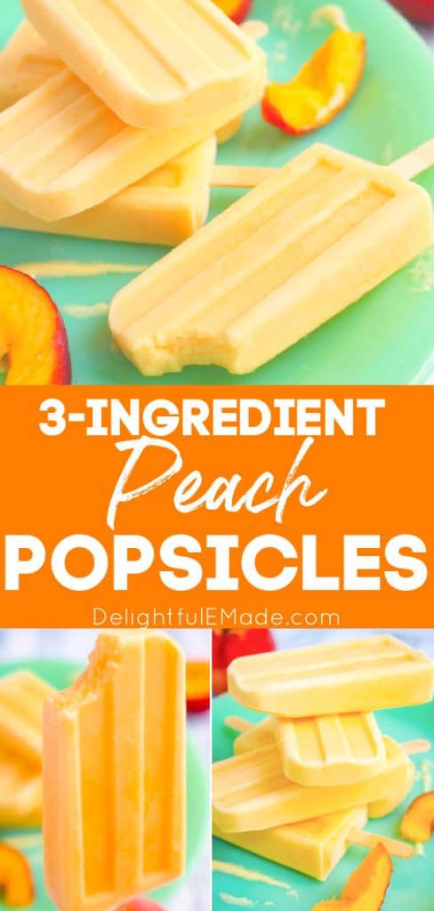 Easy peach pops, peach popsicles stacked on a green plate.