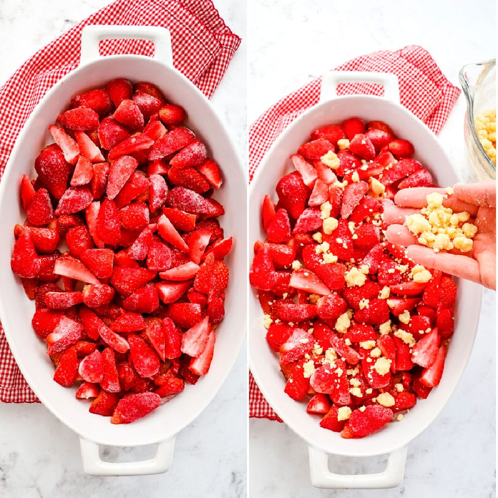 Side by side photos of baking dish with strawberries for the strawberry dump cake recipe.
