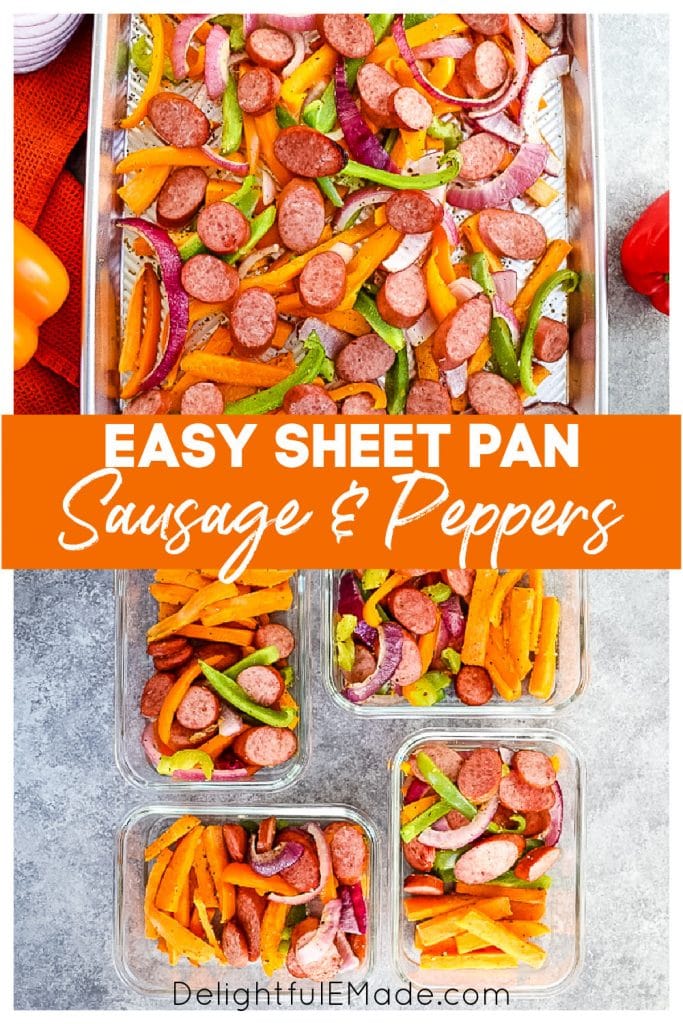 Sheet Pan Sausage and Peppers on a sheet pan and in meal prep containers.