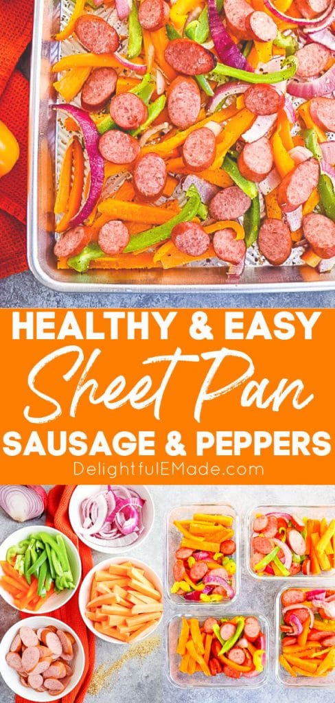 Sheet Pan Sausage and Peppers recipe on pan, in bowls and in meal prep containers.