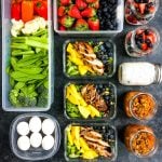 Flay lay of meal prepped food, healthy meal prep ideas for the week