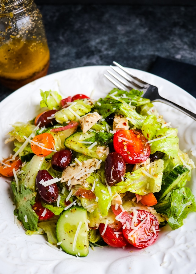 Salad that has been dressed with homemade Italian dressing.
